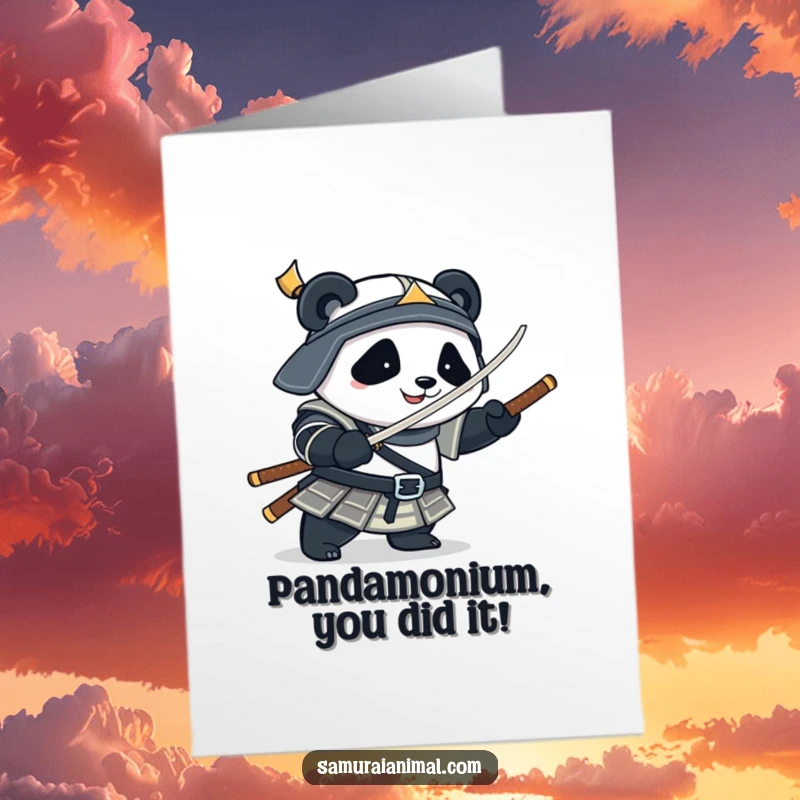 Funny Free Printable Congratulations Card: A plump panda dressed in samurai armor playfully twirling a bamboo sword, celebrating.