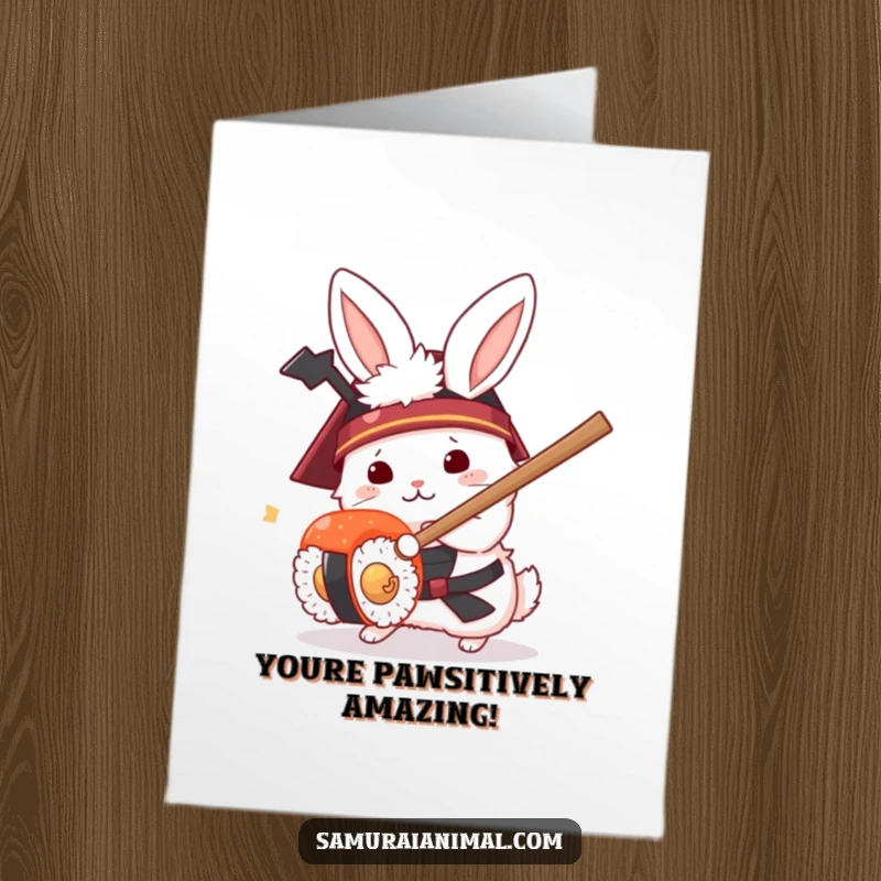 Funny Free Printable Congratulations Card: A bunny samurai in a helmet parries a sushi roll with a tiny sword.