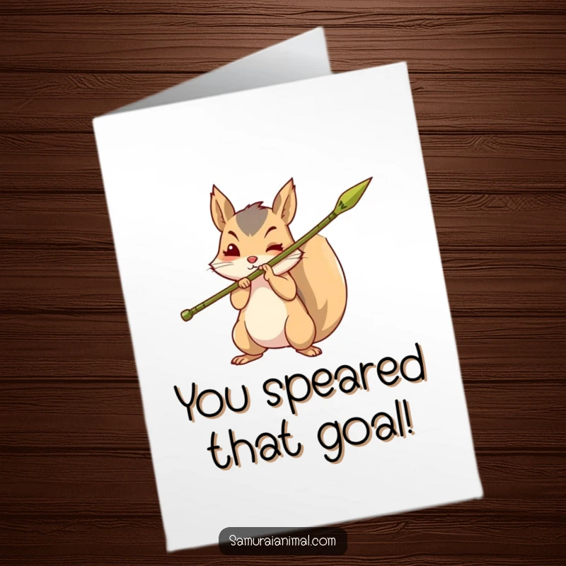 Funny Free Printable Congrats Card: A brave squirrel brandishing a sharpened bamboo spear, symbolizing strength and victory in congratulations.