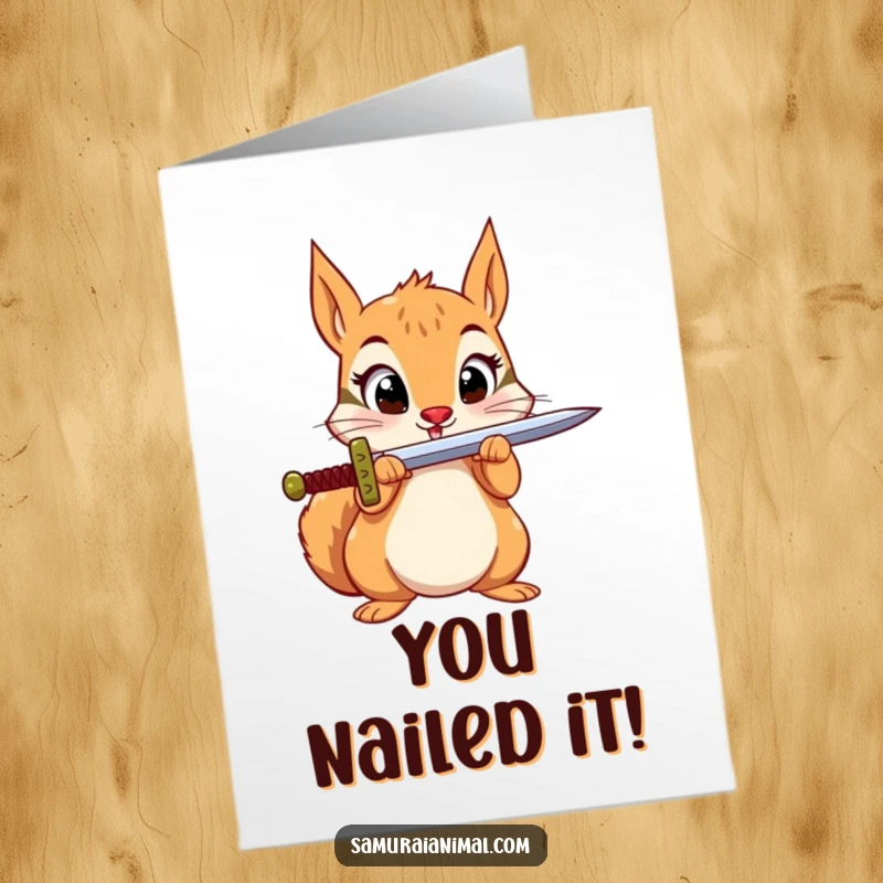 Funny Free Printable Congratulations Card: A squirrel with excited eyes attempts to balance a sword on its nose, congratulating success.