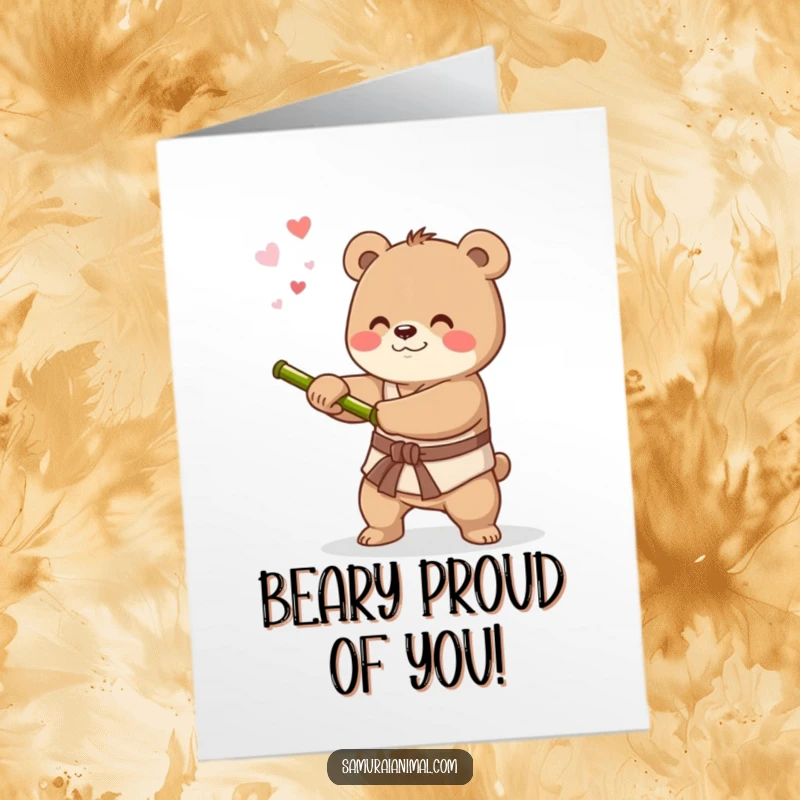 Charming free printable congratulations card with a happy bear practicing sword swings, signifying a well-deserved victory.