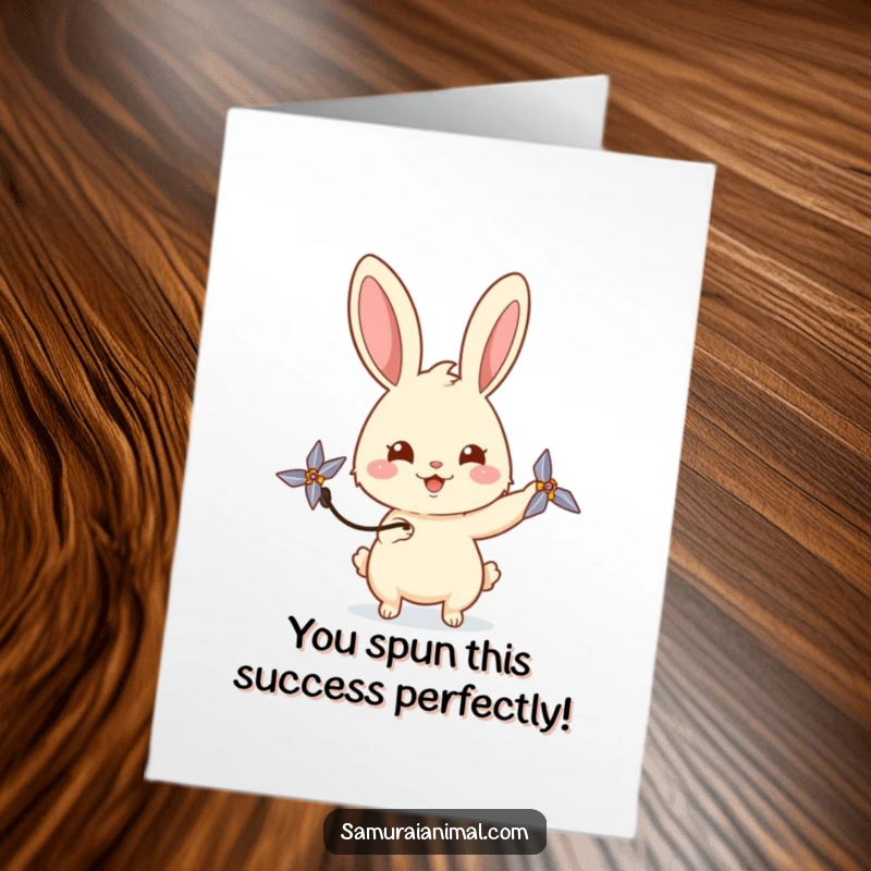 Funny Free Printable Congratulations Card: Happy rabbit spins a shuriken with curiosity, celebrating your victory with skill.