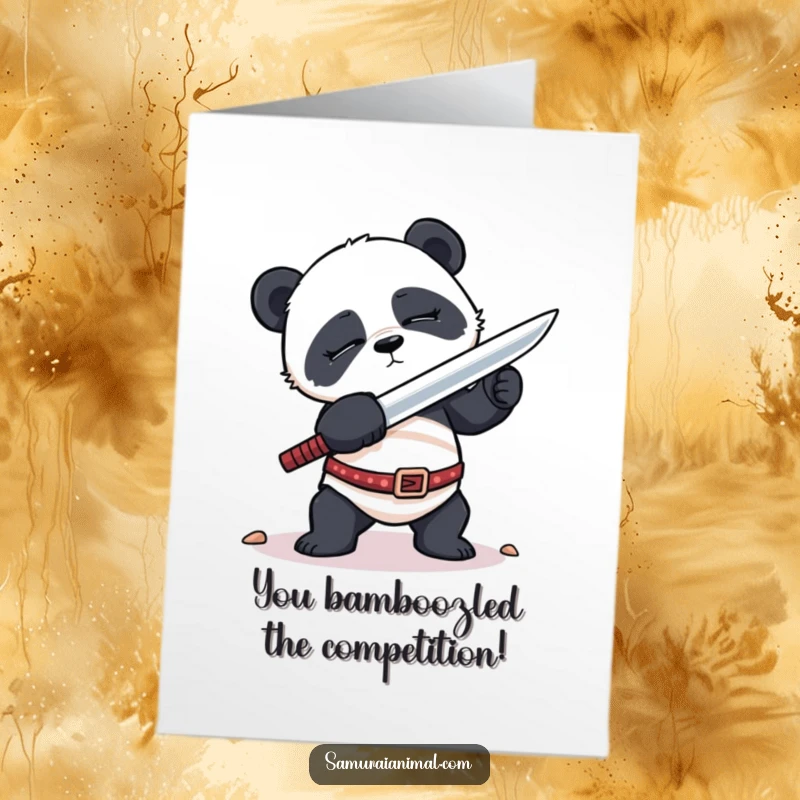 Funny free printable congratulations card showing a sleepy panda awkwardly trying a sword stance, celebrating success.