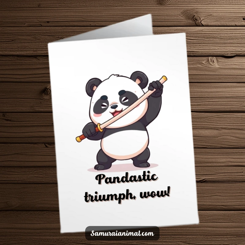 Funny Free Printable Congrats Card: A plump panda with a determined grin comically wielding a toothpick sword, celebrating a win.