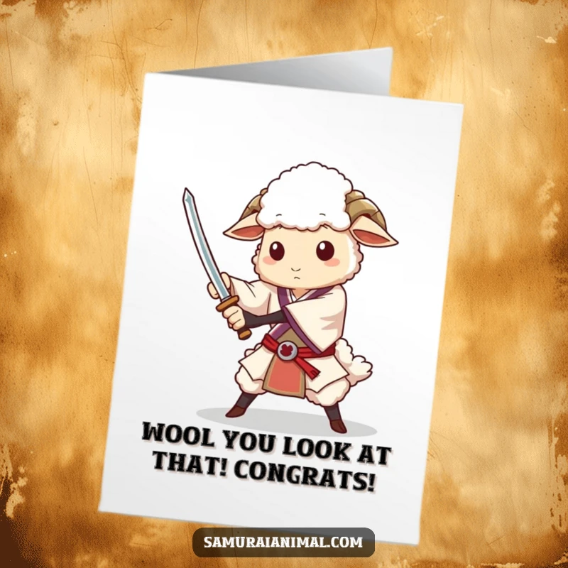 Funny Free Printable Congratulations Card: Dignified sheep expertly brandishing a sword with a triumphant flourish.