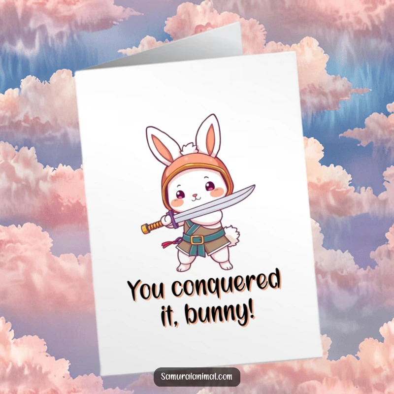 Funny Free Printable Congratulations Card showing a fluffy bunny in a tiny helmet swinging a noodle sword in celebration of victory.