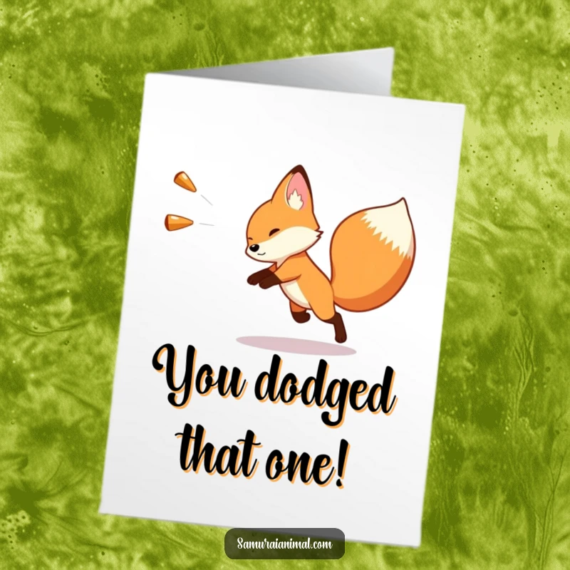 Funny Free Printable Congratulations Card: Tiny fox expertly dodging an imaginary object, celebrating a big win with style.
