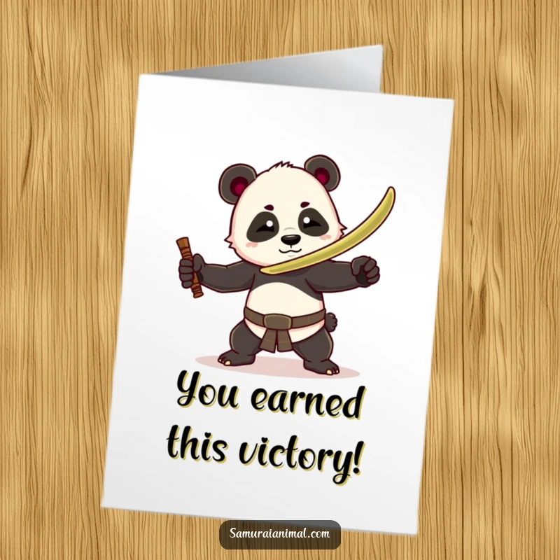 Funny Free Printable congratulations card: Playful panda warrior with bamboo sword striking a dynamic, celebratory pose for an epic greeting.