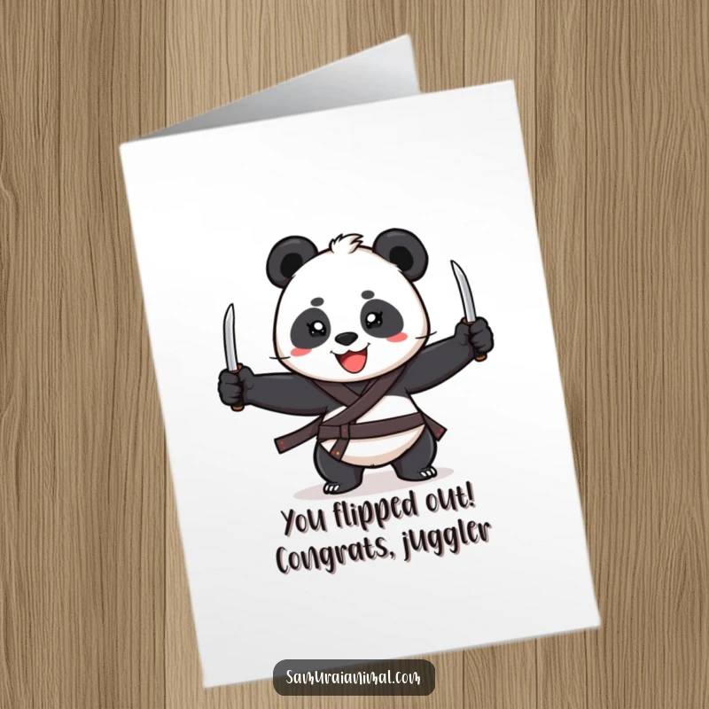 Funny Free Printable Panda Skill Card, a happy panda with a big grin juggles three miniature katanas with expert flair.