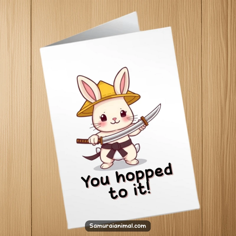 Funny Free Printable Congratulations Card: A cute bunny warrior in a straw hat holding a tiny sword, celebrating a victory.