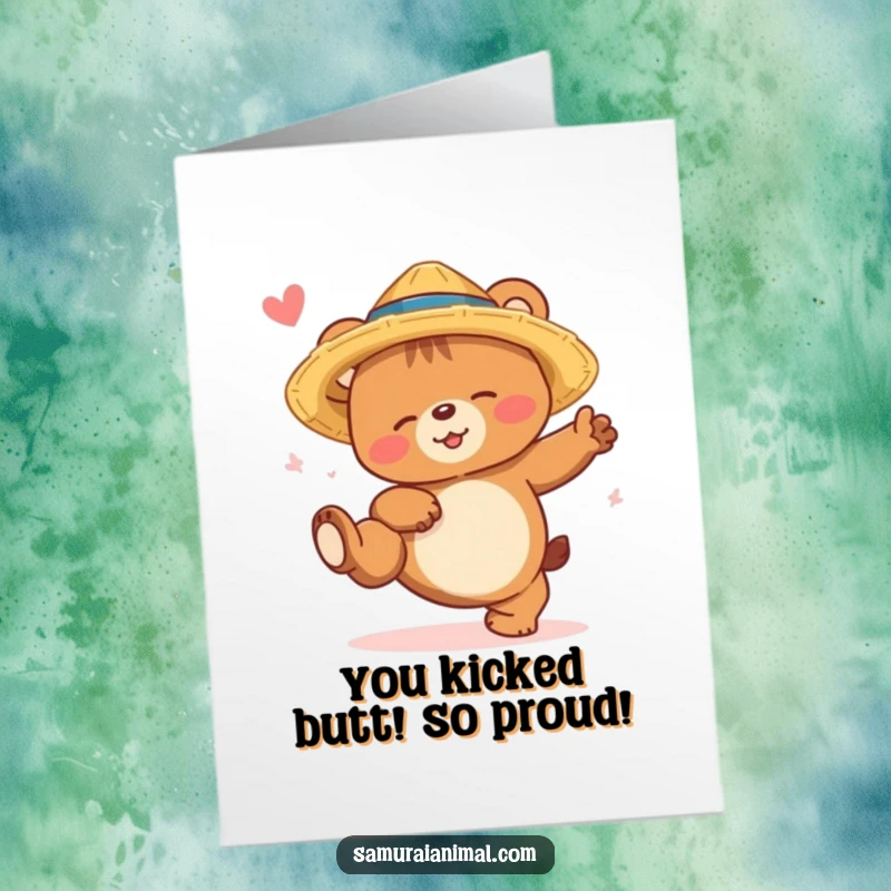 Funny Free Printable Congratulations Card: A sleepy bear cub in a straw hat, attempting a high kick with a smile, celebrating victory.