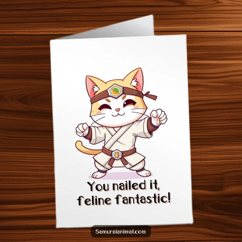 Funny Free Printable Congrats Card: A cheerful cat in a samurai pose shows off victorious grace and a calm smile.