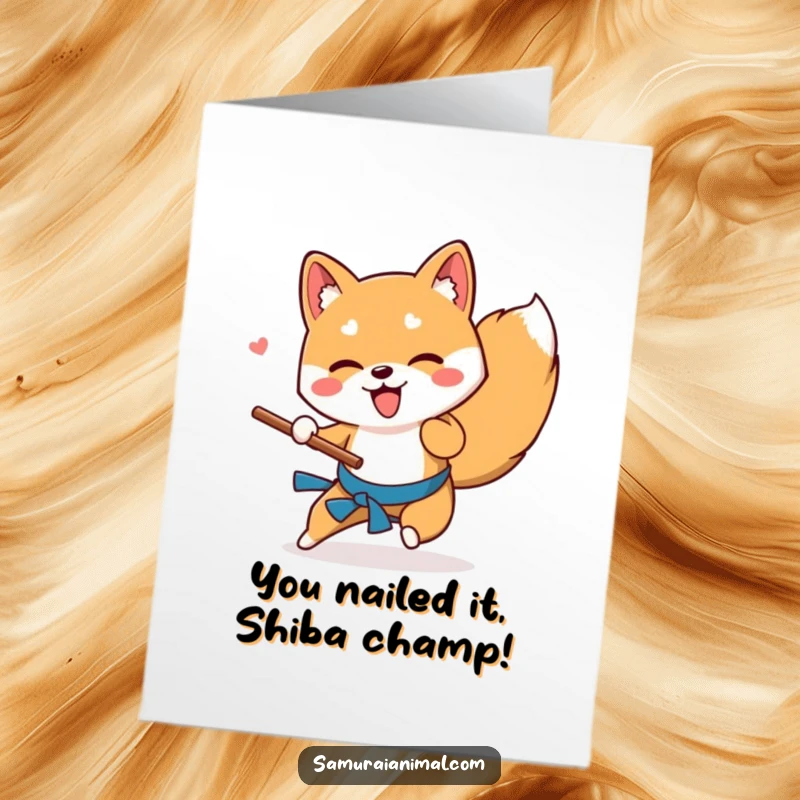 Funny Free Printable Congratulations Card: Playful Shiba Inu performs a swift low sweep, celebrating your victory with skill.