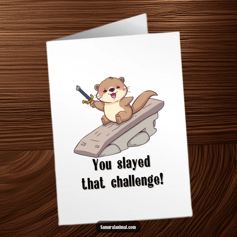 Funny Free Printable Congratulations Card: Otter with sword celebrating victory, sliding down a ramp.