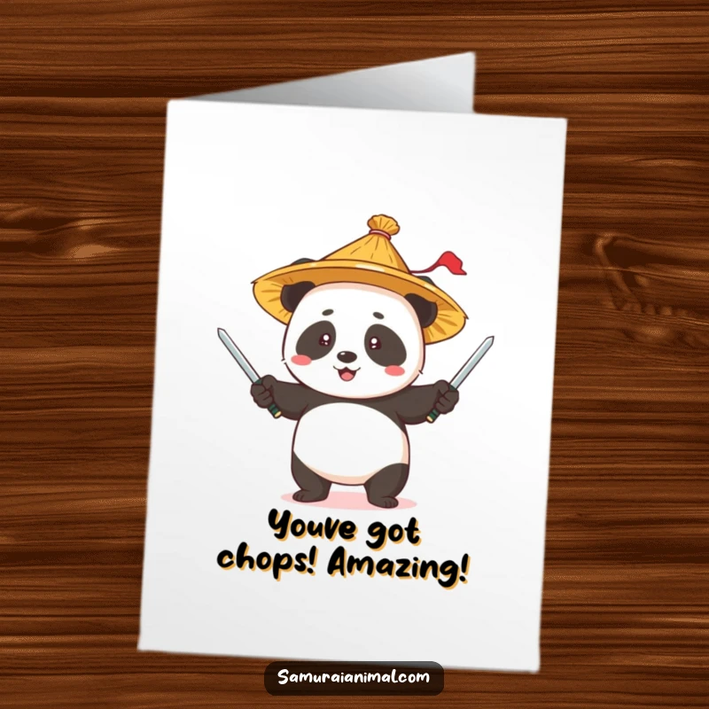 Funny Free Printable Congrats Card: A panda wearing a straw hat expertly juggles small swords, celebrating your achievement.