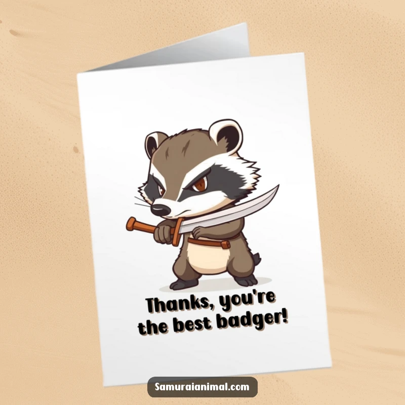 Funny Free Printable Thank You Card: A determined badger wielding a tiny wooden sword confidently.
