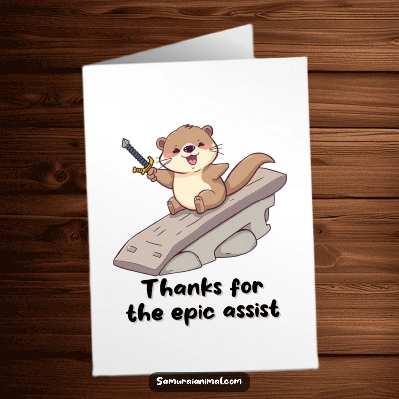 Funny Free Printable Thank You Card: Energetic otter holding a sword slides down a ramp.