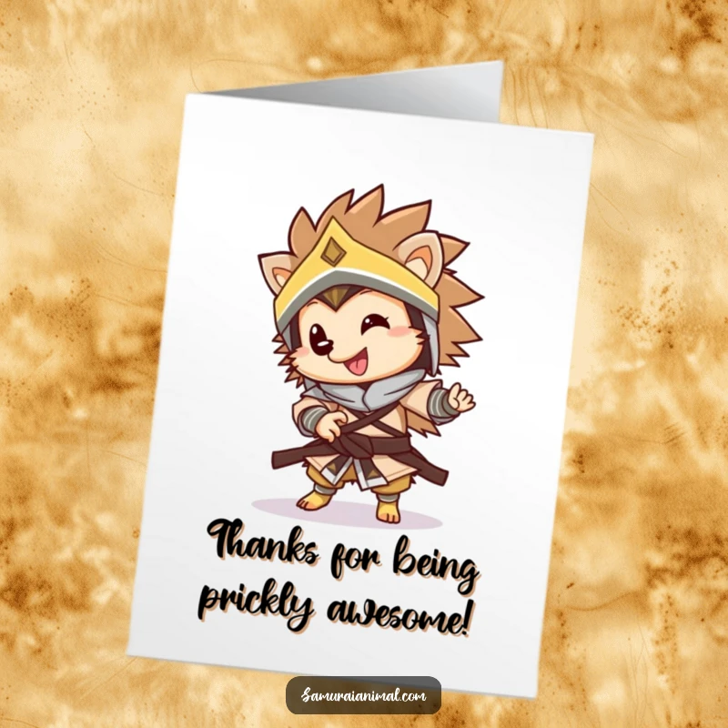 Funny Free Printable Thank You Card featuring a warrior hedgehog in a dynamic pose, expressing heartfelt thanks.