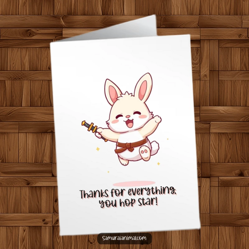 Funny Free Printable Thank You Card: A fluffy bunny with a tiny sword leaps with joy, conveying heartfelt thanks.
