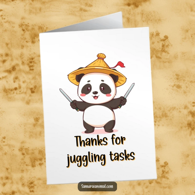 Funny Free Printable Thank You Card: A panda in a straw hat juggles tiny swords, tipping his hat in thanks.