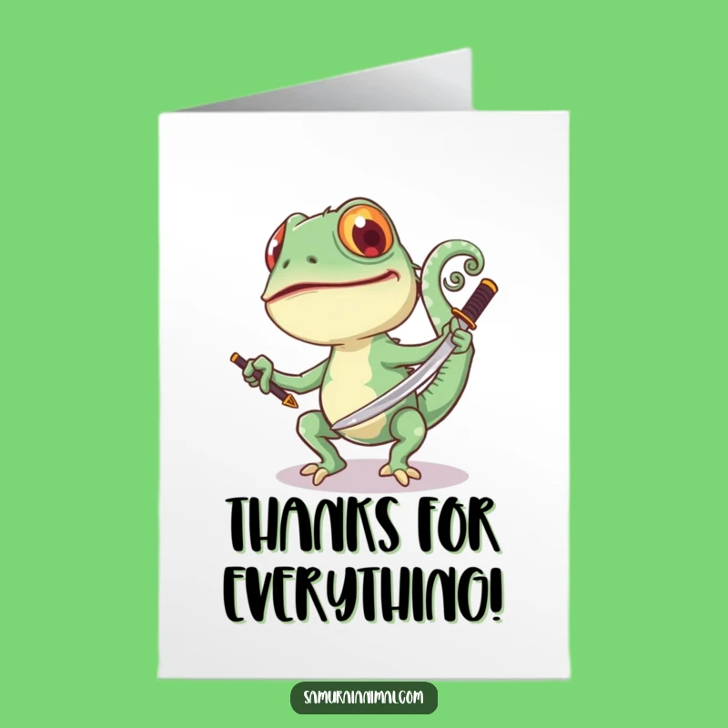Free Printable Thank You Card: Joyful Chameleon Samurai, Quirky Downloadable Gift for Appreciation