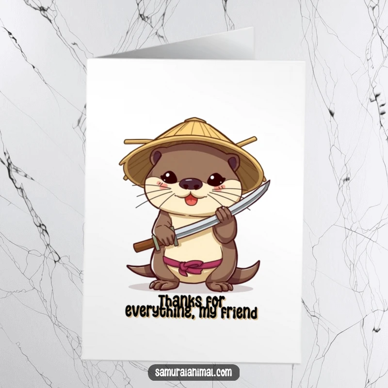 Funny Free Printable Thank You Card: An otter in a bamboo hat bravely holds a miniature katana.