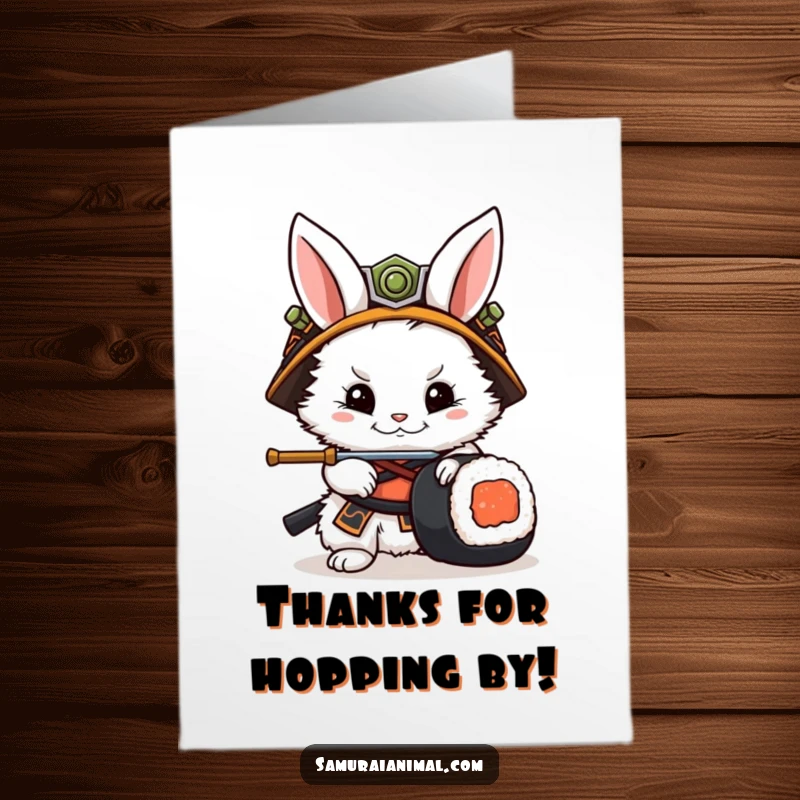 Funny Free Printable Thank You Card: Rabbit samurai in helmet bows to a sushi roll, expressing thanks.
