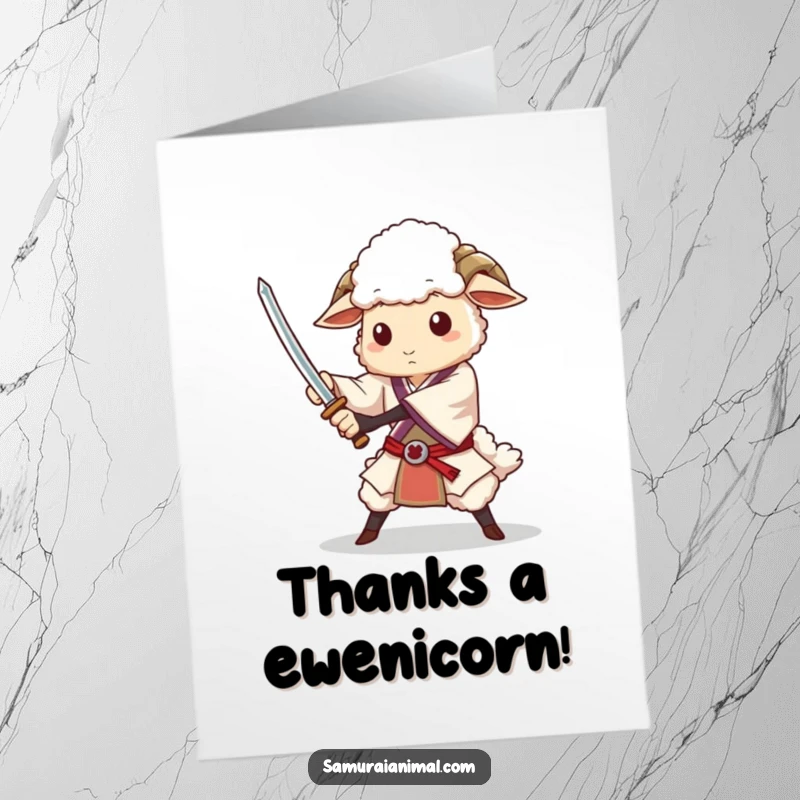 Funny Free Printable Thank You Card: Dignified sheep executing a skillful sword flourish to show gratitude.
