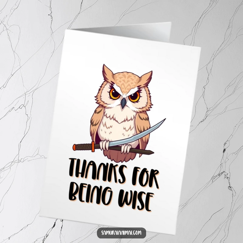 Funny Free Printable Thank You Card featuring a stoic owl with a miniature katana, expressing thanks with martial arts might.