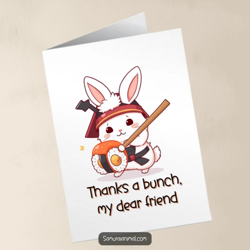 Funny Free Printable Thank You Card: A rabbit samurai bravely defends against a sushi roll with its tiny sword.
