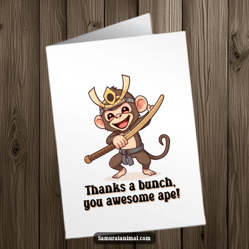 Funny Free Printable Thank You Card: A cheerful monkey dressed as a samurai swings a wooden sword with pure delight, sending thanks.