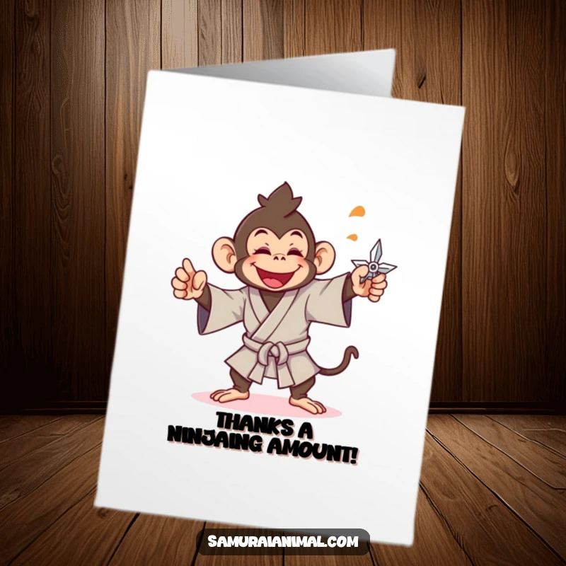 Funny Free Printable Thank You Card: A cheerful monkey in samurai gi throwing a shuriken.