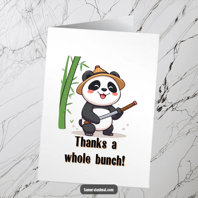 Funny Free Printable Thank You Card: Panda chef in straw hat gives a thumbs up while chopping bamboo.