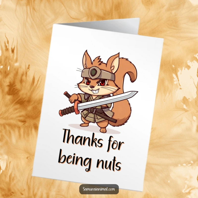 Funny free printable thank you card featuring a determined squirrel samurai with a wooden katana and a playful, grin.
