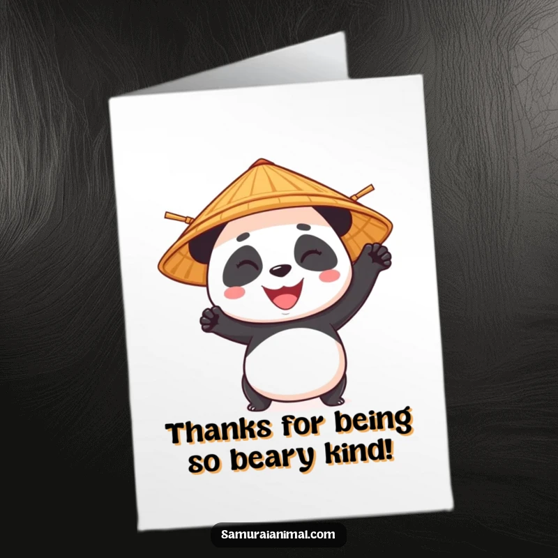Funny Free Printable Thank You Card: A panda in a bamboo hat strikes a heroic pose, conveying sincere thanks with a grin.