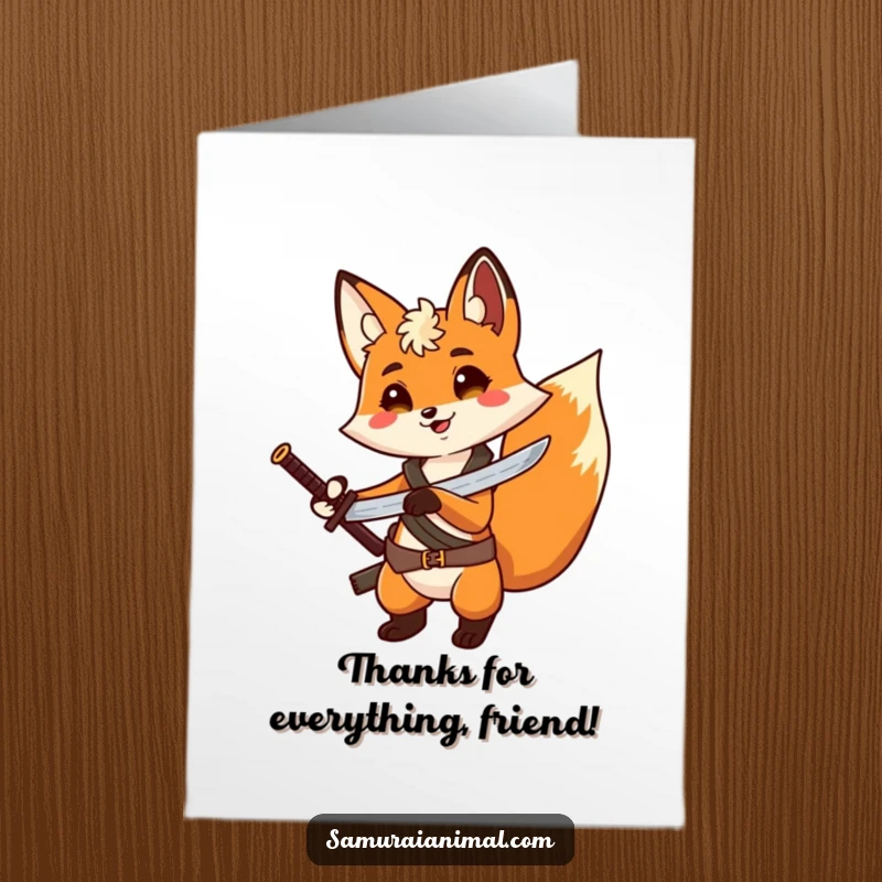 Funny Free Printable Thank You Card: Fox with a tiny sword strapped to its back strikes a grateful, dramatic pose.