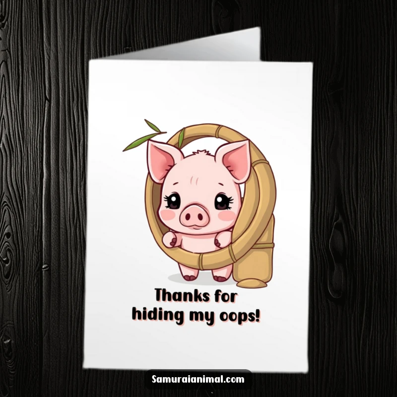 Funny Free Printable Thank You Card: A shy piglet peeking from its bamboo shield, conveying thanks with endearing bashfulness.
