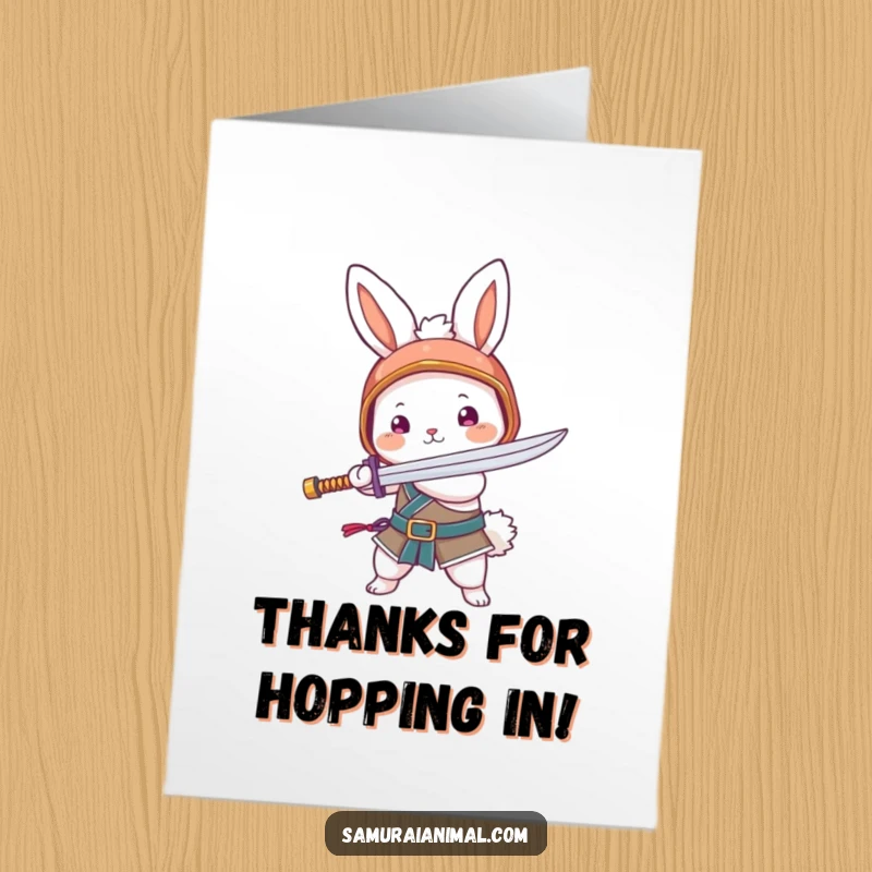 Funny Free Printable Thank You Card featuring a fluffy bunny in a tiny helmet swinging a noodle sword to express thanks.