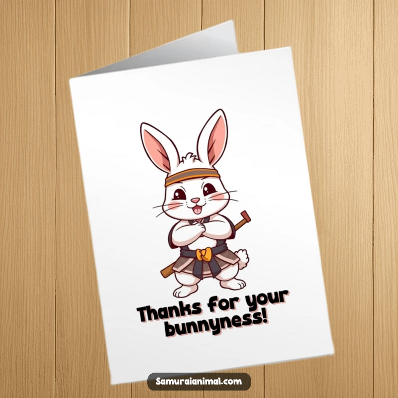 Funny free printable thank you card featuring a cheerful rabbit in a playful samurai pose expressing thanks.