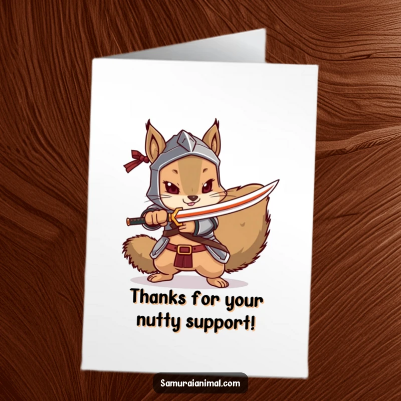 Funny Free Printable Thank You Card: A squirrel in armor pointing a tiny katana forward.