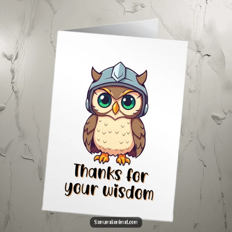 Funny Free Printable Thank You Card: A wise owl in a helmet observes with a perceptive gleam.