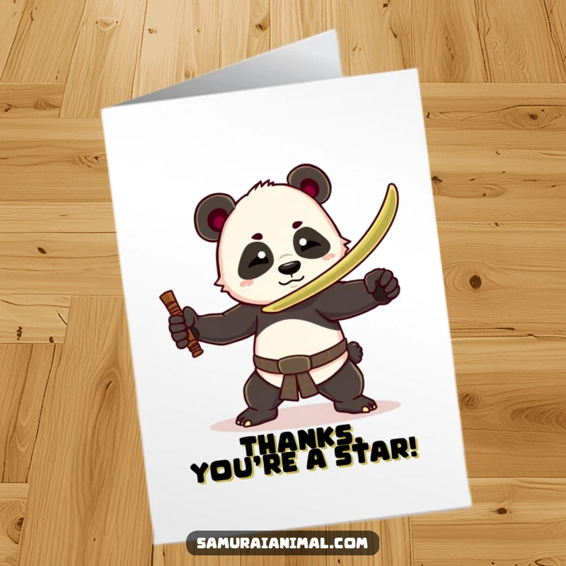 Funny Free Printable thank you card: Playful panda warrior with bamboo sword striking a humorous pose, ready to express gratitude.