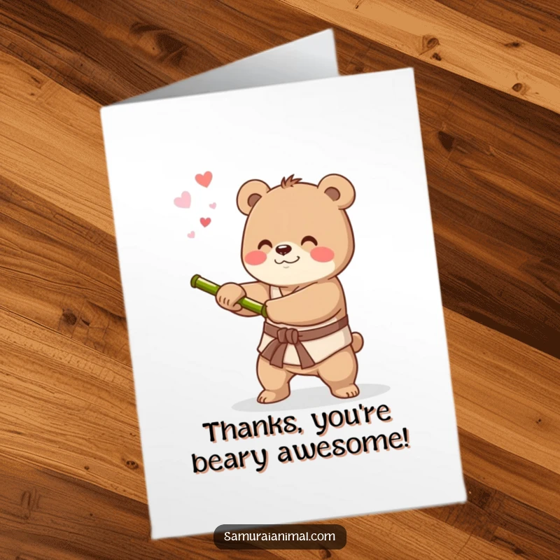 Sweet free printable thank you card showcasing a happy bear practicing sword swings with a bamboo stick, conveying sincere thanks.