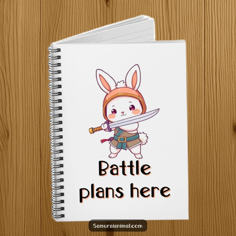 Funny notebook with a fluffy bunny in a helmet, brandishing a noodle sword. Ideal for jotting down warrior thoughts.