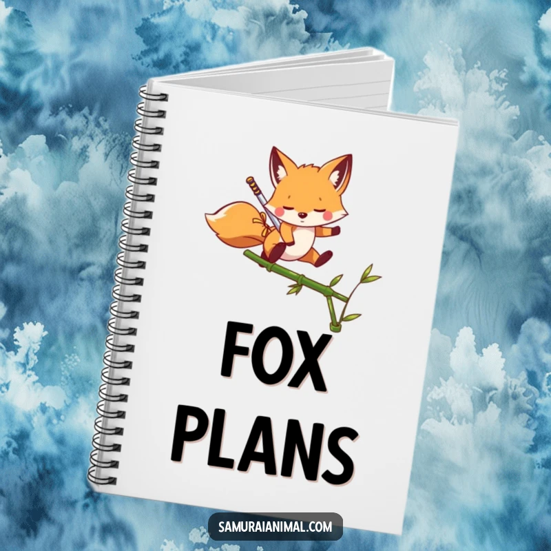 Funny Notebook with a playful fox and a miniature sword leaping over a bamboo shoot, ideal for writing.