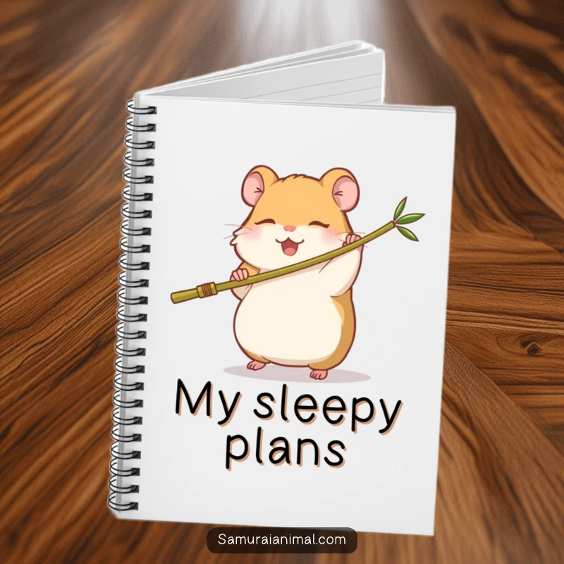 Funny notebook with a sleepy hamster happily swinging a miniature bamboo staff, ready to jot down notes with martial arts precision.