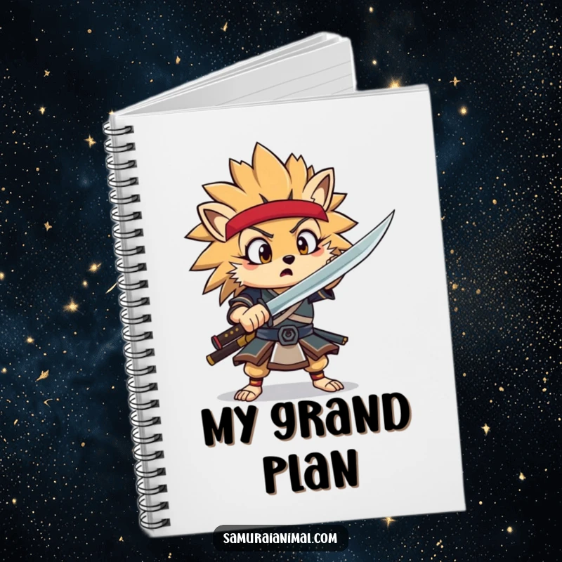 Funny Hedgehog Samurai Notebook with a surprised hedgehog warrior mid-flourish, ideal for jotting down funny thoughts.