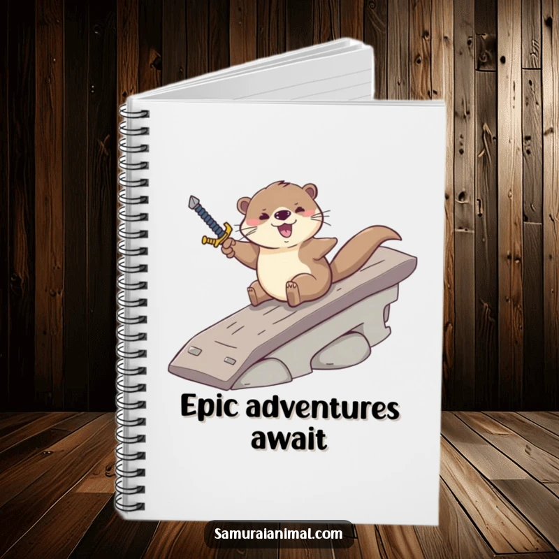 Funny notebook showcasing a brave otter sliding down a ramp with a sword, perfect for jotting down epic adventures and ideas.