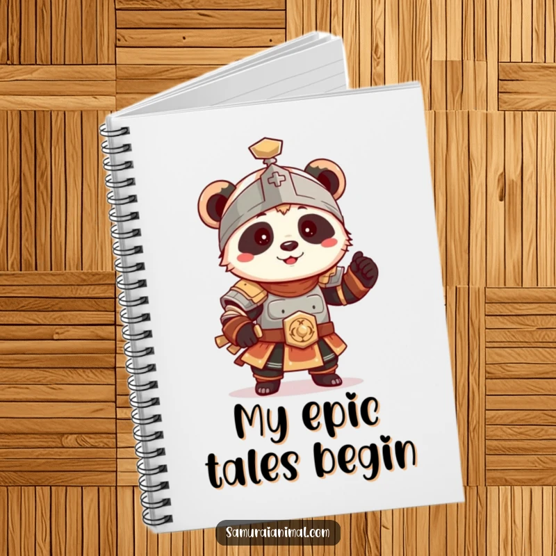 Funny Panda Armor Notebook, a tiny panda in ancient armor poses playfully, perfect for notes.