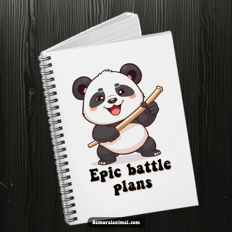 Funny plump panda comically wielding a toothpick sword on a notebook cover, a humorous design for planning and note-taking.